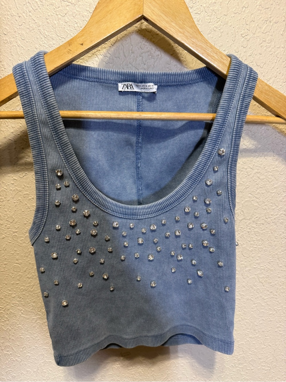 Zara Light Blue Ribbed Cropped Tank with Crystal Studs